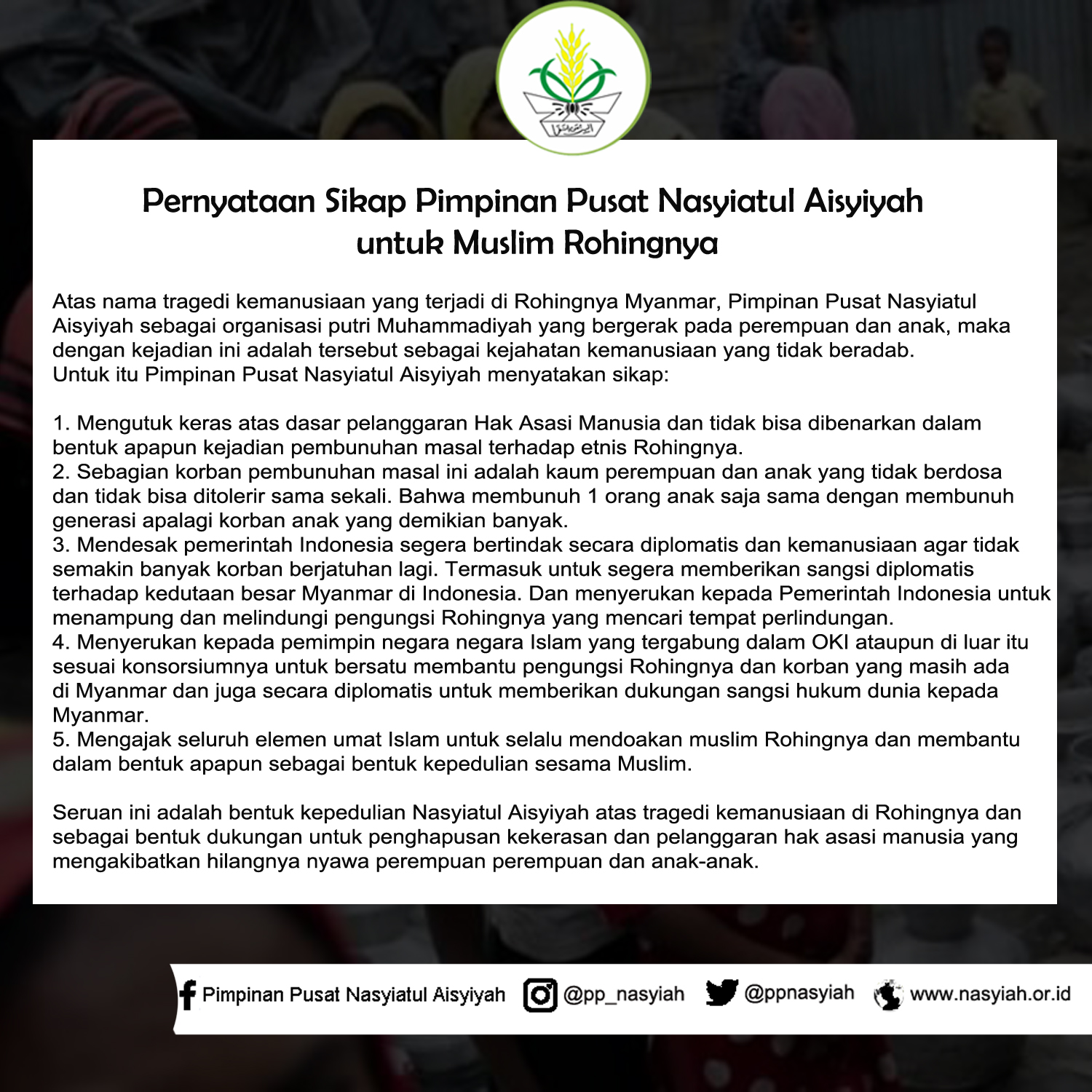 Pernyataan Sikap Pimpinan Pusat Nasyiatul Aisyiyah untuk Muslim Rohingnya